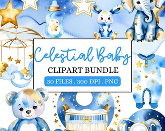 Celestial Baby Clipart Bundle, Stars and Moon Baby Shower Clip Art, Watercolor Nursery Decor PNG Images, Baby Shower Kit, Commercial Use