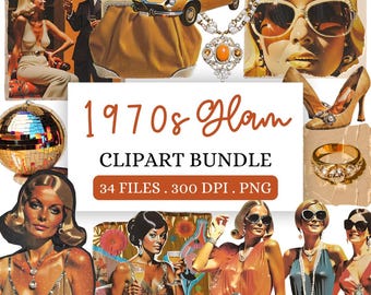 Może przedstawiać: Kolaż ilustracji w stylu glamour z lat 70. Zawiera obrazy samochodu, biżuterii, kuli dyskotekowej i kobiet w stylowych strojach. Widoczny jest również tekst "1970s Glam Clipart Bundle".