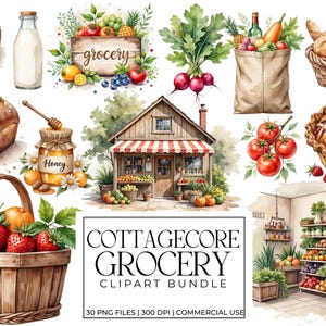 Cottagecore kruidenierswinkel clipartbundel | PNG's voor rustieke markt | Vintage eten, producten, bakkerij, voorraadkunst | Digitale afbeeldingen in junkjournal
