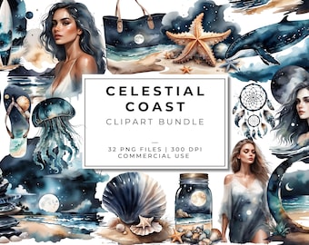 May include: A watercolor clipart bundle featuring celestial and coastal elements. The bundle includes a starfish, a whale, a seashell, a jellyfish, a dreamcatcher, a jar with a moon and stars inside, a woman with long hair, a stack of stones, flip flops, and a tote bag. The text "Celestial Coast Clipart Bundle" is displayed in the center of the image. The text "32 PNG Files | 300 DPI Commercial Use" is displayed below the title.
