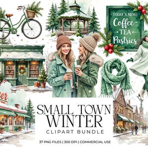 Peut inclure: Ensemble de cliparts aquarelle sur le thème de l'hiver. Comprend un vélo vert, un restaurant, une librairie et des femmes en manteaux d'hiver tenant des tasses de café. Comprend également un tableau de menu, une écharpe et une femme patinant.