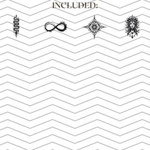 May include: Black and white illustrations of various symbols, including a bee, snake, infinity symbol, starburst, woman's face, elephant, and tree. The word "INCLUDED:" is at the top. The background is a white and gray chevron pattern.