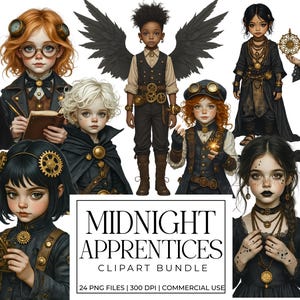 May include: A digital illustration of several children in steampunk attire. The children are depicted in dark clothing with goggles, gears, and other mechanical details. The image includes the text "MIDNIGHT APPRENTICES CLIPART BUNDLE".