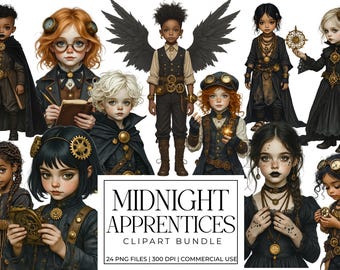 Midnight Apprentices Clipart Bundle – Gothic Steampunk Children, Magical Academy Kids, Storybook Fantasy PNG Graphics, Scrapbook Ephemera