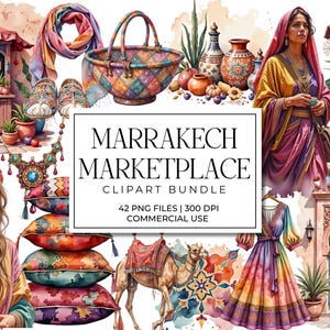 May include: Watercolor clipart bundle titled "Marrakech Marketplace" featuring illustrations of a marketplace scene with people, a camel, textiles, and decorative items. The image includes the text "42 PNG FILES | 300 DPI | COMMERCIAL USE".