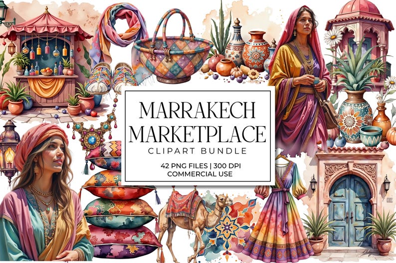 May include: Watercolor clipart bundle titled "Marrakech Marketplace" featuring illustrations of a marketplace scene with people, a camel, textiles, and decorative items. The image includes the text "42 PNG FILES | 300 DPI | COMMERCIAL USE".