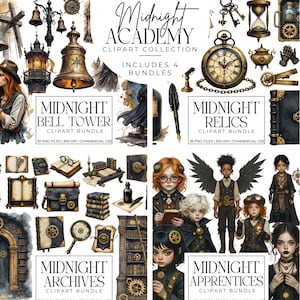 May include: A digital clipart collection named "Midnight Academy" with four bundles: "Midnight Bell Tower," "Midnight Relics," "Midnight Archives," and "Midnight Apprentices." The image showcases illustrations of bells, clocks, books, and children in steampunk clothing.
