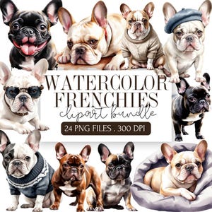 Aquarell Frenchie Clipart Bundle | Französische Bulldogge Illustrationen | Niedliche Hund PNGs | Frenchie Art Grafiken für Sublimation, Aufkleber, Shirts