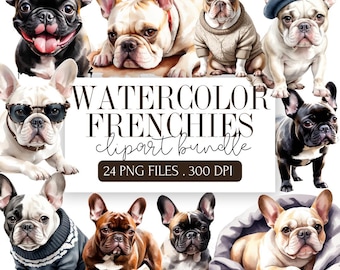 Watercolor Frenchie Clipart Bundle | French Bulldog Illustrations | Cute Dog PNGs | Frenchie Art Graphics for Sublimation, Stickers, Shirts