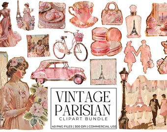 Vintage Pink Parisian Clip Art | Romantic French Scrapbook PNGs | Shabby Chic Paris Illustrations | Eiffel Tower Graphics | Junk Journal