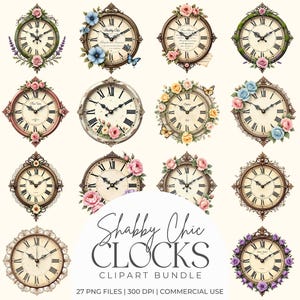Shabby Chic Clock Faces Clipart Bundle | Vintage Floral Clock Ephemera PNG Graphics | Antique Clock Scrapbook Junk Journal Digital Download