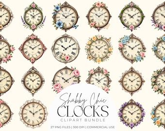 Shabby Chic Clock Faces Clipart Bundle | Vintage Floral Clock Ephemera PNG Graphics | Antique Clock Scrapbook Junk Journal Digital Download