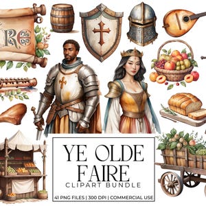 Renaissance Fair Clipart Bundle | Medieval Aesthetic PNGs | Fantasy Costume, Food & Faire Elements for Stickers, Planner Graphics, Knights