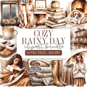 Cozy Rainy Day Clipart Bundle | Neutral Color Hygge Aesthetic PNGs | Rain Clouds, Hot Cocoa, Books, Cats Graphics | Instant Digital Download