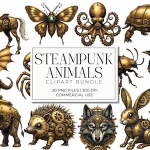 May include: A collection of steampunk animal clipart in shades of gold and bronze. The image includes a horse, butterfly, octopus, turtle, dragon, beetle, crow, elephant, hedgehog, wolf, rabbit, and seahorse. Text reads "Steampunk Animals Clipart Bundle".