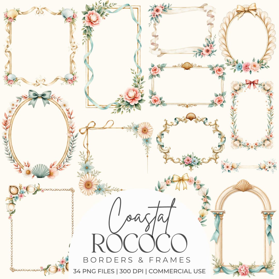 Coastal Rococo Borders & Frames Clipart Bundle, French Shell Frames ...
