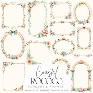 Peut inclure: Illustrations à l'aquarelle de bordures et de cadres rococo côtiers. Les motifs présentent des cadres dorés, des coquillages, des fleurs et des rubans aux couleurs pastel. Le texte indique "Coastal Rococo Borders & Frames".