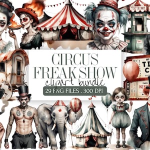 Paquete de imágenes prediseñadas de espectáculo de fenómenos de circo / Imágenes PNG de rarezas de circo vintage / Arte gótico de espectáculos de fenómenos / Gráficos de hombre tatuado, mujer barbuda y payaso espeluznante