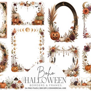 Puede incluir: Una colección de marcos y bordes gráficos digitales con temas otoñales que incluyen calabazas, fases lunares, follaje seco, telarañas, calaveras y linternas. El texto Boho HALLOWEEN BORDERS & FRAMES 34 PNG FILES 300 DPI COMMERCIAL USE es visible.