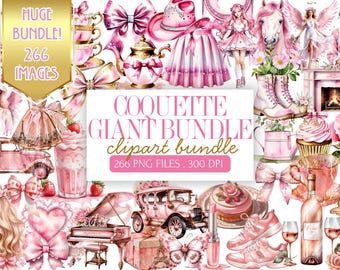 Pink Coquette Giant Clipart Bundle | 266 Soft Girl Images | Exclusive Mix from 14 Collections | Romantic, Aesthetic, Feminine Graphic PNGs
