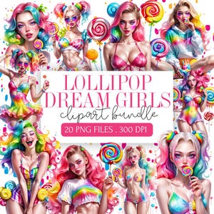 Lollipop Dream Mädchen Clipart Bundle | Candy Rave Ästhetik PNGs | Bunte Kawaii Festival Kunst | Skurrile Neon-Grafiken | Partygirl