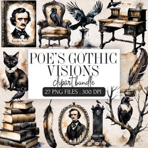 Edgar Allan Poe Gothic Clipart Bundle | Dark Academia, Vintage Macabre, Raven, Quill, Haunted Victorian PNG| The Raven Halloween Graphics