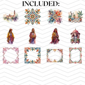 May include: Watercolor illustrations featuring Moroccan themes. The image includes decorative pillows, architectural elements, floral patterns, and figures in traditional attire. The word "INCLUDED:" is at the top of the image.