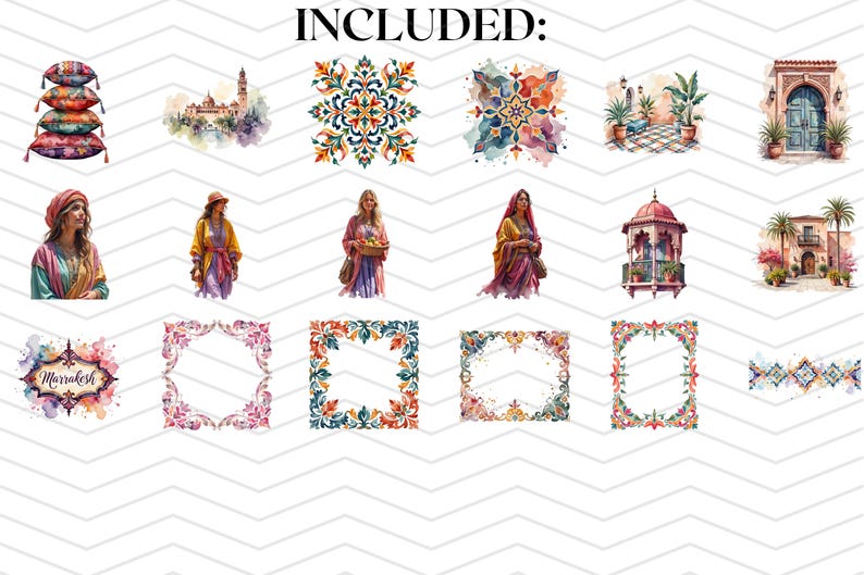 May include: Watercolor illustrations featuring Moroccan themes. The image includes decorative pillows, architectural elements, floral patterns, and figures in traditional attire. The word "INCLUDED:" is at the top of the image.