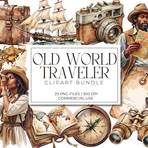 Puede incluir: Paquete de imágenes prediseñadas de acuarela con el tema "Old World Traveler". La imagen presenta elementos de viaje vintage como una maleta, un barco, una cámara, un mapa, una brújula, binoculares y un globo aerostático. El texto dice "Old World Traveler Clipart Bundle".