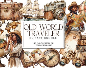 Old World Traveler Clipart Bundle | 50+ Antique Travel PNGs | Vintage Maps, Globes, Suitcase Graphics, Ephemera for Junk Journals & Planners