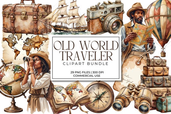 Old World Traveler Clipart Bundle | 50+ Antique Travel PNGs | Vintage Maps, Globes, Suitcase Graphics, Ephemera for Junk Journals & Planners