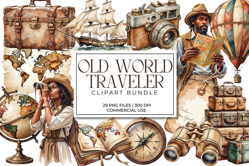 K&ouml;nnte beinhalten: Aquarell-Clipart-Bundle zum Thema "Old World Traveler". Das Bild zeigt Vintage-Reiseelemente wie Koffer, Schiff, Kamera, Karte, Kompass, Fernglas und Hei&szlig;luftballon. Der Text lautet "Old World Traveler Clipart Bundle".