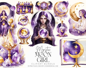 Mystic Moon Girl Clipart Bundle | Celestial Aesthetic Graphics | Spiritual Feminine Art | Purple & Gold PNGs | Ancient Magic Witchy Vibes