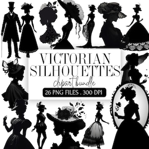Lot de cliparts silhouette victorienne | Élégants graphiques vintage pour femmes | PNG esthétiques antiques pour invitations, art mural, travaux manuels, scrapbooking