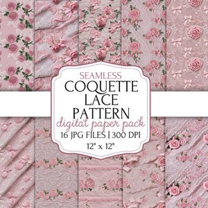 Coquette Seamless Pattern | Pink Embroidered Lace & Bow Seamless Digital Paper | Feminine Vintage Aesthetic Backgrounds | Scrapbook Ephemera