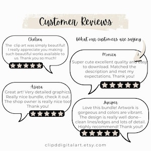 May include: Image of customer reviews in speech bubbles. The reviews praise the clip art's beauty, quality, and detail. The Etsy shop's URL is at the bottom. The reviews are from Chelsea, Monica, Azura, and Juniper.