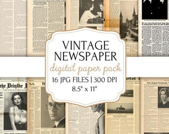 Vintage Newspaper Digital Paper Pack - Aged Paper, Old Newsprint, Junk Journal Ephemera, Scrapbook Backgrounds, Antique Printable Paper