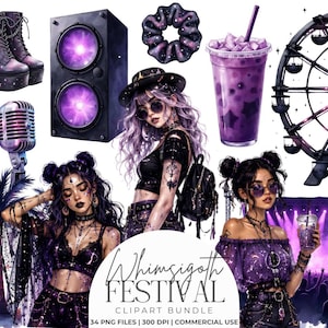 Könnte beinhalten: Aquarell-Clipart-Bundle mit einem skurrilen Festival-Thema. Enthält Illustrationen einer Gitarre, Plateau-Stiefel, eines Lautsprechers, eines Mikrofons, eines Scrunchies, eines Getränks, eines Riesenrads und von Personen. Die Farbpalette ist hauptsächlich lila und schwarz.