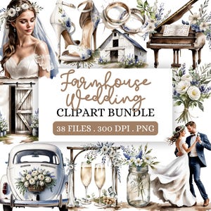 May include: A watercolor clipart bundle for farmhouse weddings. The bundle includes 38 files, 300 DPI, and is in PNG format. The clipart includes a bride and groom, a barn, a wedding arch, flowers, a vintage car, and a piano.