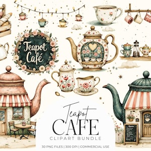 Può includere: Pacchetto di clipart ad acquerello con varie teiere, tazze da tè ed elementi a tema caffè. Include un caffè a forma di teiera con tenda a strisce e il testo "Teapot Cafe".