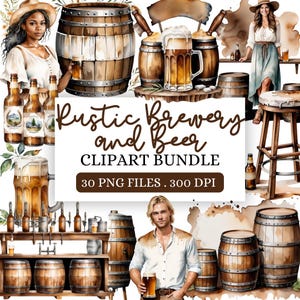 Imágenes prediseñadas de cervecería rústica / Gráficos de cerveza artesanal y pub / Estética de cervecería de acuarela / PNG de bar y taberna vintage / Jarras y barriles de cerveza