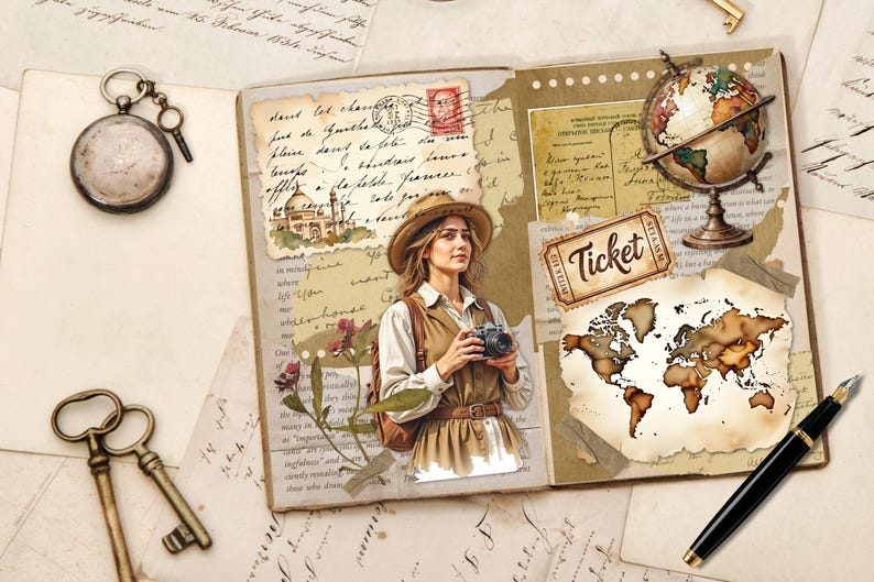 K&ouml;nnte beinhalten: Ein offenes Scrapbook mit Vintage-Reisemotiv. Es zeigt eine Frau mit Kamera, Globus, Weltkarte und dem Wort "Ticket". Weitere Elemente sind eine Taschenuhr, Schl&uuml;ssel und ein F&uuml;llfederhalter.