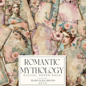 May include: A digital paper pack titled "Romantic Mythology" featuring illustrations of women with floral crowns and vintage-style backgrounds. The pack includes 33 JPG files, each 8.5 x 11 inches. The color palette includes soft pinks, blues, and beige.
