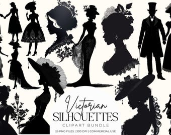 Victorian Silhouette Clipart Bundle | Elegant Vintage Ladies Graphics | Antique Aesthetic PNGs for Invitations, Wall Art, Crafts, Scrapbook