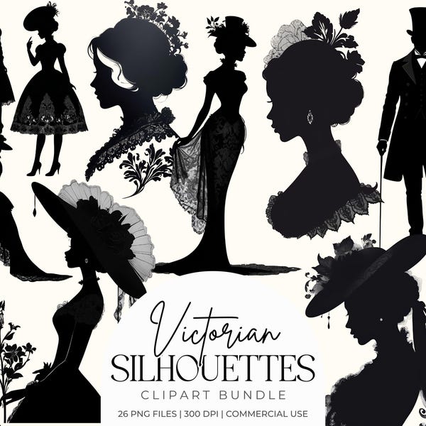 Victorian Silhouette Clipart Bundle | Elegant Vintage Ladies Graphics | Antique Aesthetic PNGs for Invitations, Wall Art, Crafts, Scrapbook
