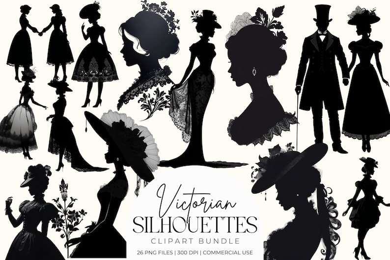 Victorian Lady Silhouette Clipart Bundle, Regency Graphics, Dark Academia PNG, Junk Journal Ephemera, Vintage Women, Scrapbook Art image 1