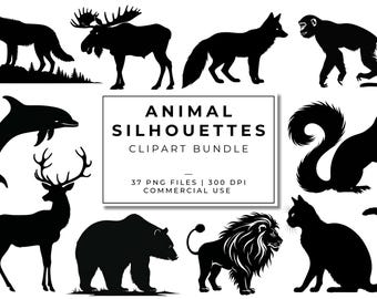 May include: A set of 10 black and white animal silhouettes, including a wolf, moose, fox, monkey, dolphin, deer, bear, lion, squirrel, and cat. The silhouettes are arranged in a grid pattern on a white background. The text "ANIMAL SILHOUETTES CLIPART BUNDLE" is displayed in a black rectangle in the center of the image. The text "37 PNG FILES | 300 DPI COMMERCIAL USE" is displayed in a smaller black rectangle below the larger rectangle.