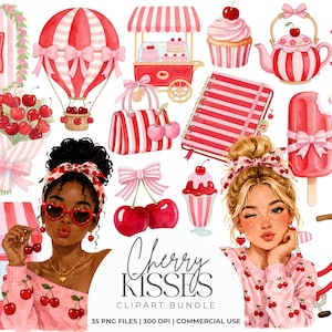 Könnte beinhalten: Eine digitale Clipart-Sammlung mit kirschroten und rosafarbenen Illustrationen, darunter ein Café-Schild, ein Heißluftballon, ein Cupcake, eine Teekanne, ein Notizbuch, ein Eis am Stiel, Stiefel, ein Fahrrad und zwei Figuren mit Kirschmustern.