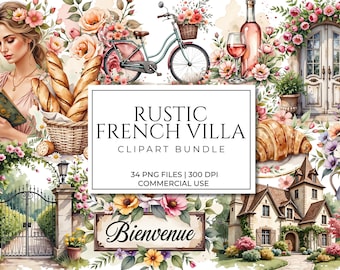 Rustic French Villa Clipart Bundle | Watercolor Provence Countryside PNG | Cottagecore France Decor | Vintage French Aesthetic Art Graphics