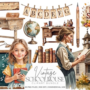 May include: A digital clipart collection featuring school-themed illustrations including a wooden desk, a globe, a chalkboard with math equations, a pencil, scissors, a schoolhouse, a red apple, books, and a banner with the letters A through G.